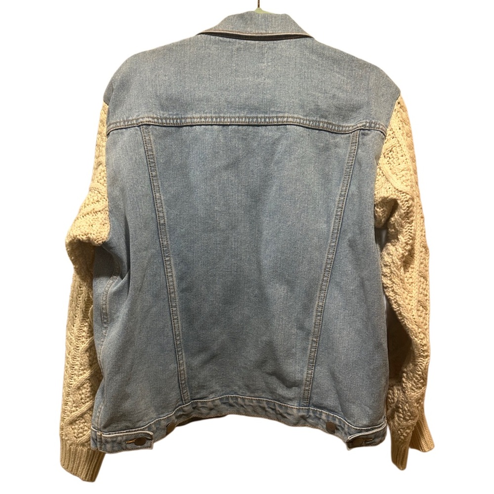 UNIF Urban Outfitters Vici Blue Denim Jacket Cream Cable Knit Sleeves Size L - Picture 6 of 13